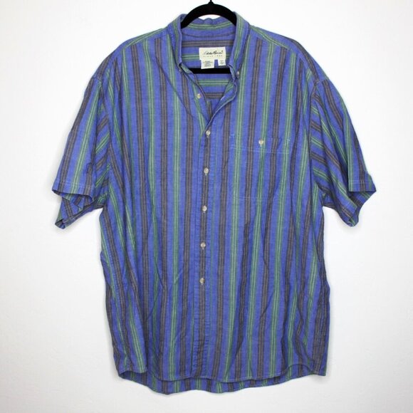 Retro Eddie Bauer Men's XL Button Down Blue/Green Short Sleeved Shirt - Picture 1 of 6